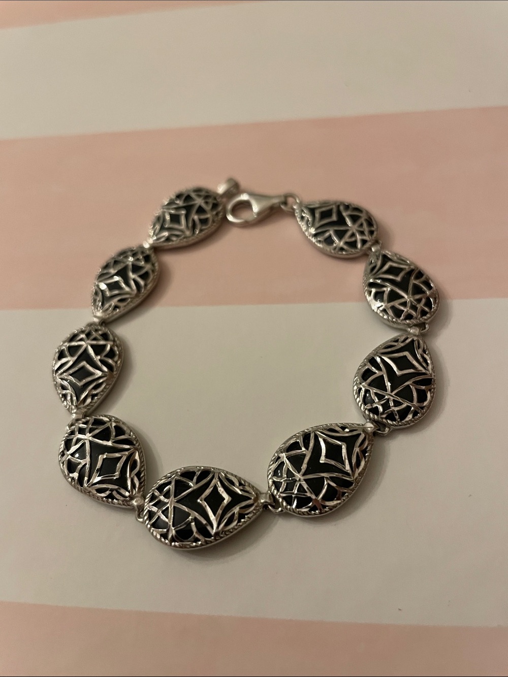 Sterling Silver Black Onyx Filigree Teardrop Link Bracelet
